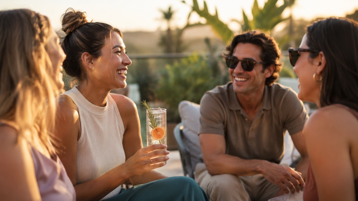 Amigos relajados y riendo juntos al aire libre con cálida luz dorada