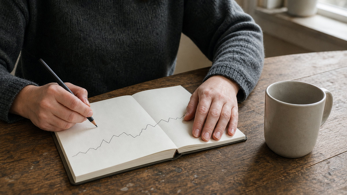 Ilustración editorial de una persona adulta revisando en casa un plan de salud a largo plazo y un diario