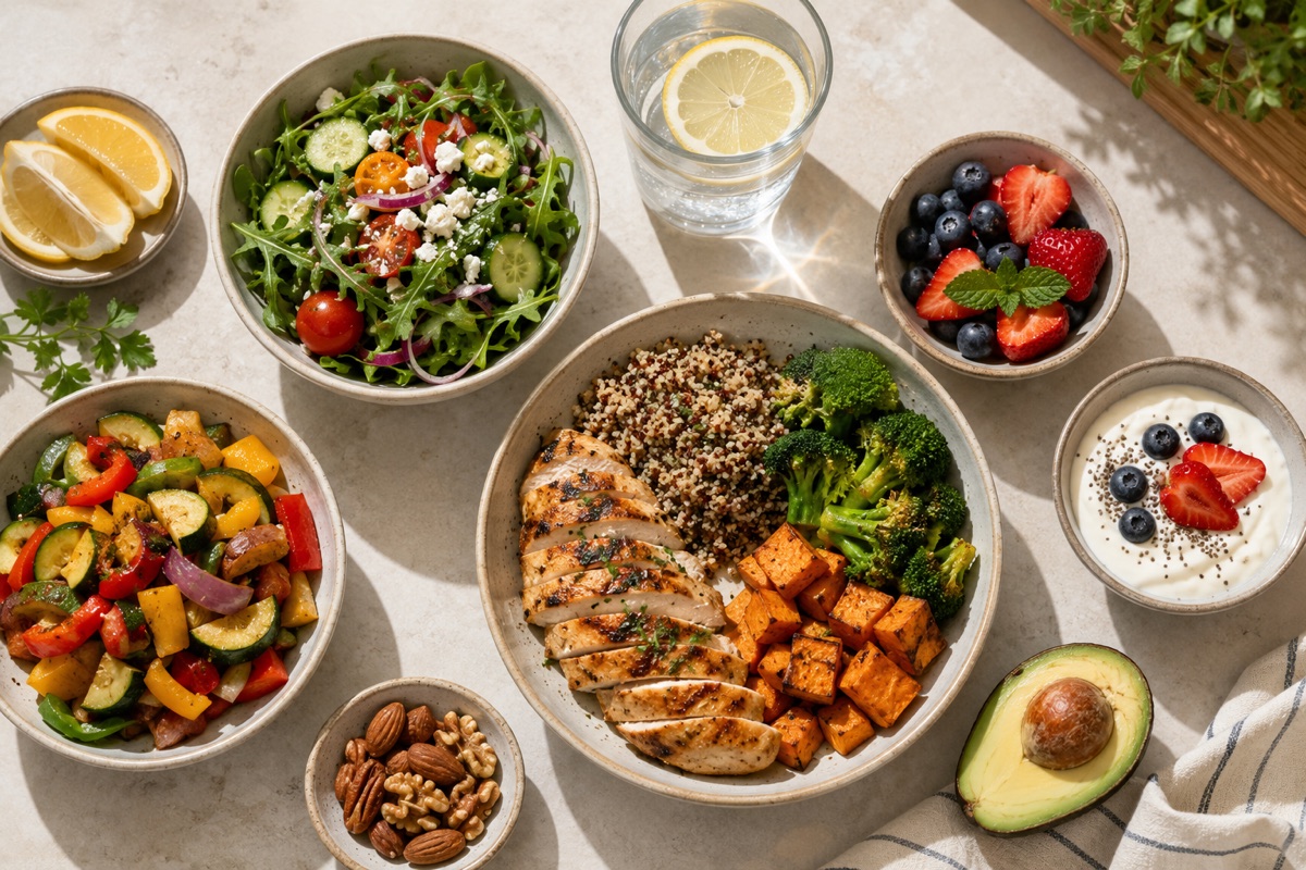 Una comida saludable y equilibrada, rica en proteína, servida en una mesa